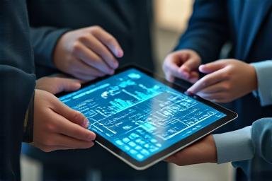 Financial professionals collaborating with tablets