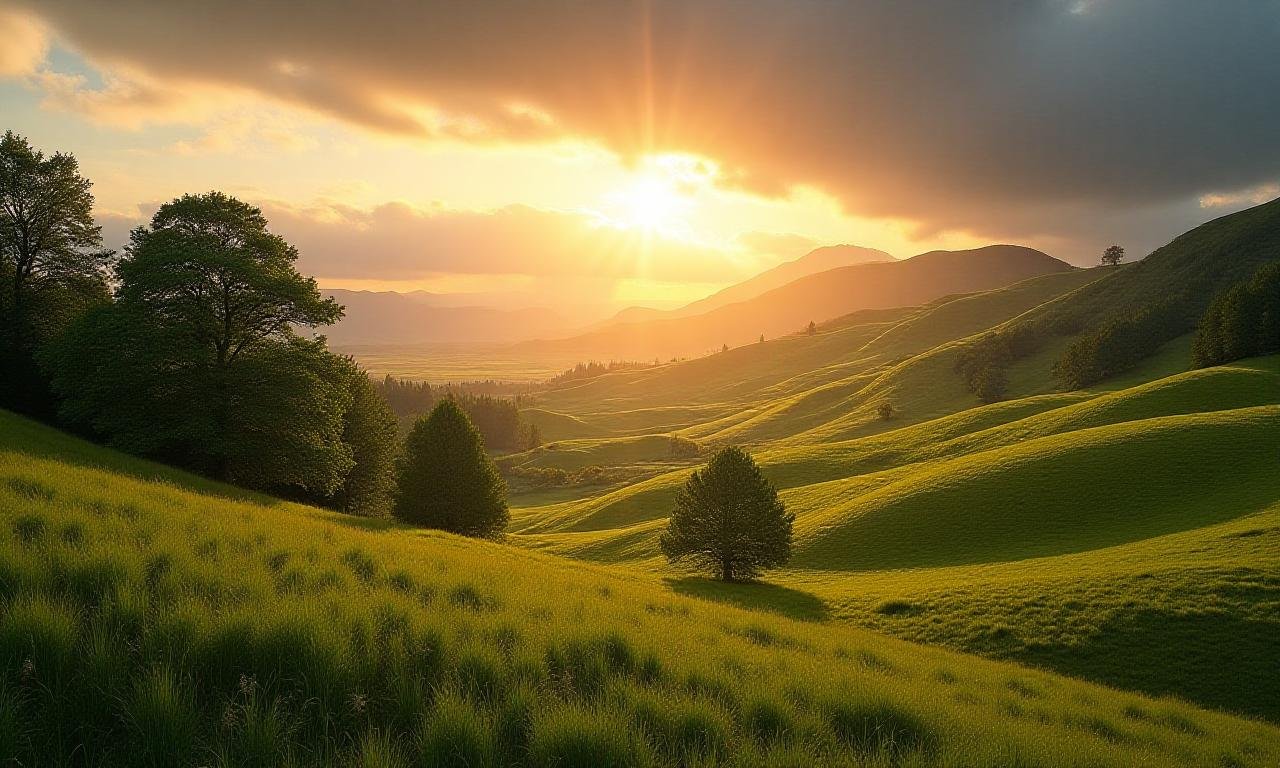 Lush green landscape with sunbeams reflecting sustainable financial growth